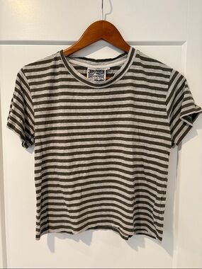 Jungmaven Olive Green & White Striped Short Sleeve Tee